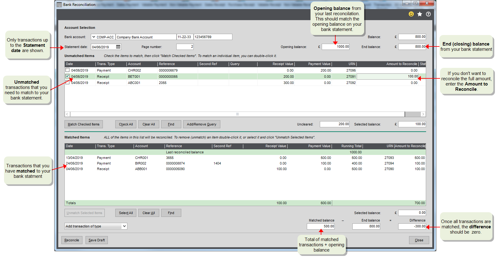 Reconcile manually using a bank statement